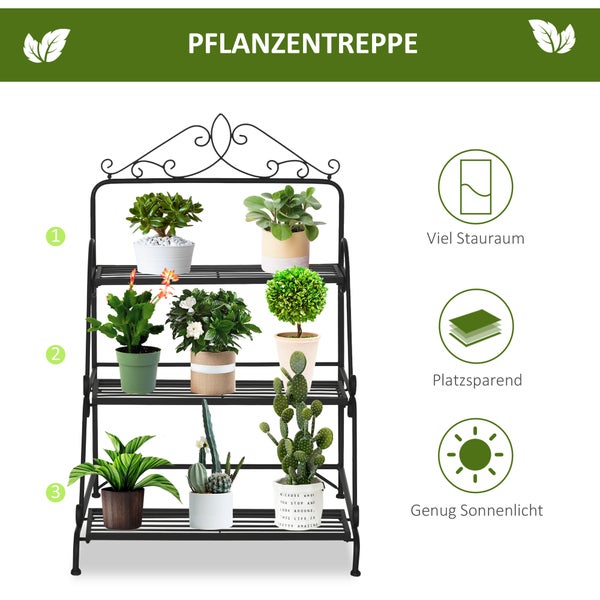 Outsunny Blumentreppe aus Metall 3 Stufen Pflanzenständer Pflanzentreppe Leiterregal Blumenständer innen draußen Schwarz 60,5 x 59,5 x 95,5 cm