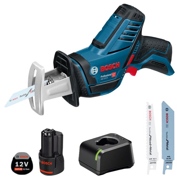 Bosch Professional GSA 12V-14 Akku-Säbelsäge Set mit 12 Volt 3,0 Amperestunden Lithium-Ionen Akku, Ladegerät und zwei Sägeblättern.