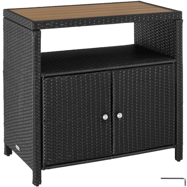 Gartenschrank aus Polyrattan mit Tischplatte in Holzoptik, offenem Fach und zwei Türen.
