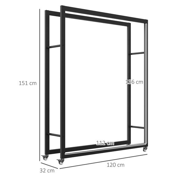 Outsunny Kaminholzregal, mit Rollen, für Indoor, Outdoor, 120 x 32 x 151 cm, Metall, Schwarz
