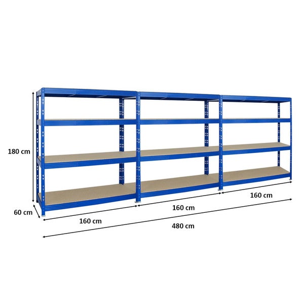 PROREGAL Mega Deal 3x Profi Schwerlastregal Rhino HxBxT 180 x 160 x 60 cm 4 Spanplatten-Ebenen 16mm Fachlast 500 kg Blau
