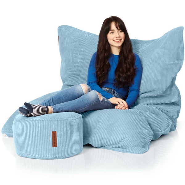 Green Bean Sitzsack + Pouf im Set - XXL Riesensitzsack mit passenden Fußhocker | EPS Füllung Bean Bag Bodenkissen Liegekissen Sitzkissen Indoor Drinnen Waschbar Hellblau