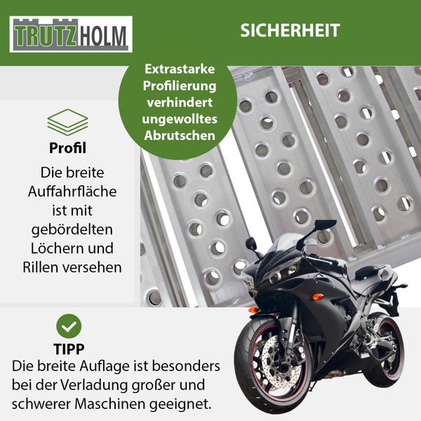 Trutzholm Logo. Darstellung einer Motorrad-Verladeschiene mit rutschfester Oberfläche für sicheren Transport.