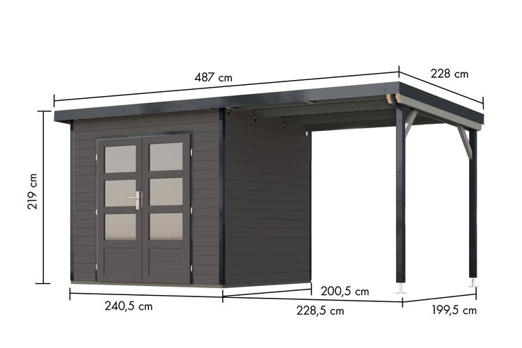 Gartenhaus mit Anbaudach und Maßen: Breite 487 Zentimeter, Höhe 219 Zentimeter, Tiefe 228 Zentimeter.