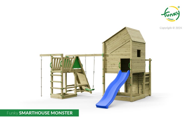 Funky Combo Spielturm Smarthouse Monster aus Holz mit Rutsche, Schaukel, Kletterleiter, Strickleiter und Spielhaus.