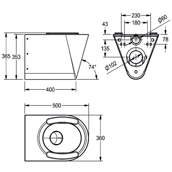 Maßzeichnung eines WCs mit Seitenansicht, Rückansicht und Draufsicht inklusive genauer Millimeterangaben und Winkel von 74 Grad.
