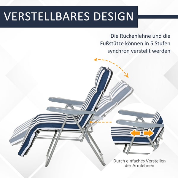 Outsunny Sonnenliege, Armlehne klappbar, 2 x Klappstühle, 5 Positionen Auflage, 60 x 75 x 102 cm, Stahl, Polyester, Schaumstoff, Blau