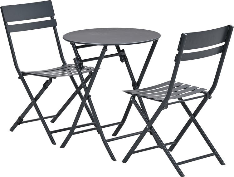 Dreiteiliges Balkonset aus Metall bestehend aus einem runden Klapptisch und zwei Klappstühlen in Anthrazit.