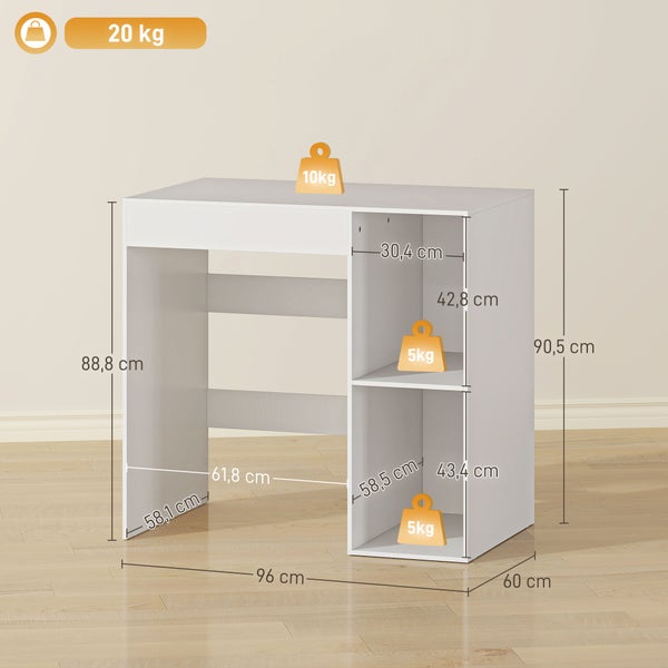 Weißer Schreibtisch, Maße 96 x 60 x 90,5 Zentimeter, Belastbarkeit: Tischplatte 10 Kilogramm, Regalfächer je 5 Kilogramm, Gesamt 20 Kilogramm.