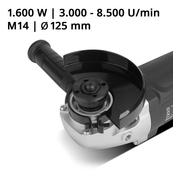 Winkelschleifer mit 1600 Watt Leistung und einem Scheibendurchmesser von 125 Millimeter.