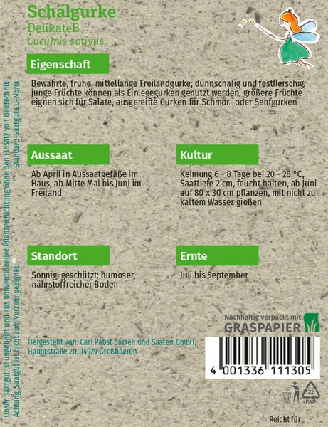 Rückseite der Saatgutpackung für Schälgurke Delikateß mit Informationen zu Anbau, Ernte und Standort auf nachhaltigem Graspapier.