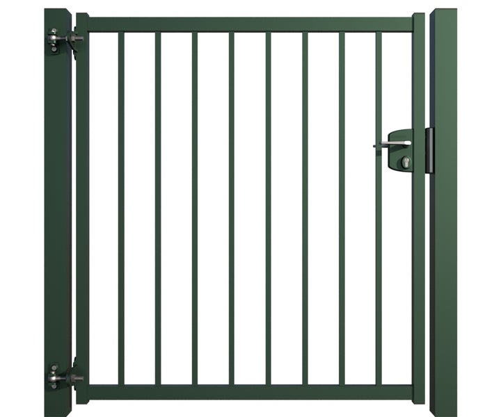Metall Gartentür mit senkrechten Stäben und Schloss