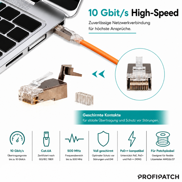 RJ45 Steckverbinder Kategorie 6A, 10 Gigabit pro Sekunde, voll geschirmt, Power over Ethernet plus plus, 500 Megahertz. Profipatch Logo.