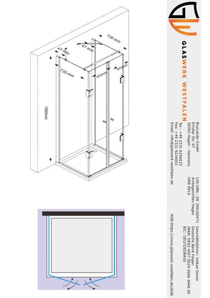 Maßzeichnung Eck-Duschkabine mit Glaswerk Westfalen Logo, Höhe 1950 Millimeter, Breite 730 mal 730 Millimeter, zwei Schwingtüren.