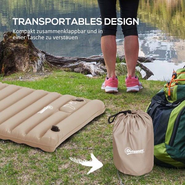 Outsunny Camping Isomatte, Luftmatratze mit Fußpumpe, wasserabweisend Luftbett mit Tragetasche, Schlafmatte für Garten, bis 120 kg belastbar, Khaki