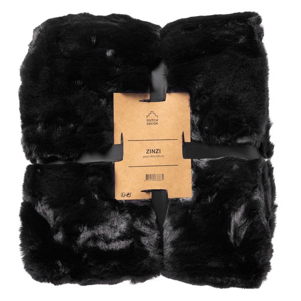 Gefaltete schwarze Kuscheldecke aus Kunstfell Dutch Decor Zinzi, 140 mal 180 Zentimeter.