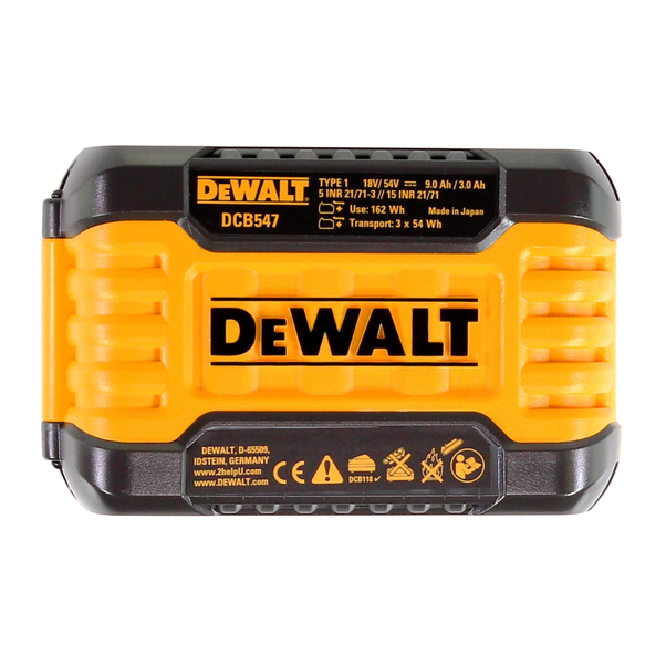 DeWalt FlexVolt Akku DCB547 mit 18 Volt und 54 Volt sowie 9 Amperestunden.