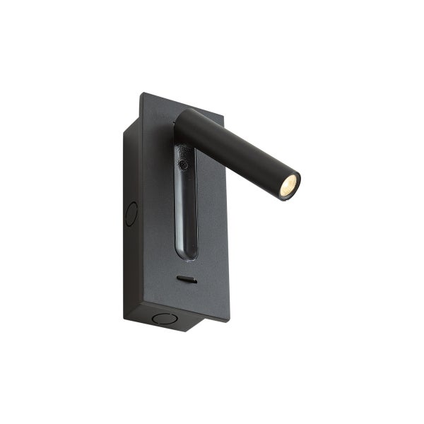 Schwarze rechteckige Wandleuchte mit verstellbarem zylindrischem LED-Strahler.