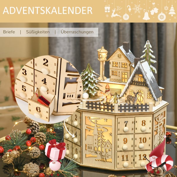 Beleuchteter Adventskalender aus Holz mit vierundzwanzig Schubladen zum Befüllen und einer dekorativen Winterszene mit Häusern und Tannen.