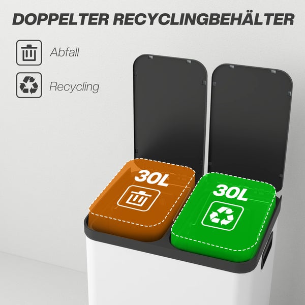Doppelter Recyclingbehälter mit zwei separaten Fächern für Abfall und Recycling, jeweils 30 Liter Fassungsvermögen.