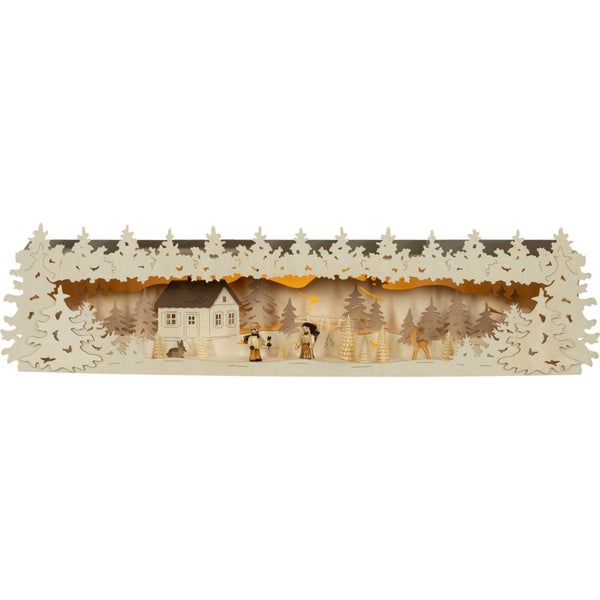 Beleuchteter Schwibbogen aus Holz mit winterlicher Waldszene, Haus und Figuren für die weihnachtliche Dekoration.