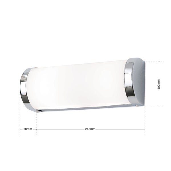 Wandleuchte mit mattem Diffusor und polierten Endkappen, Breite 255 Millimeter, Höhe 100 Millimeter, Ausladung 70 Millimeter.