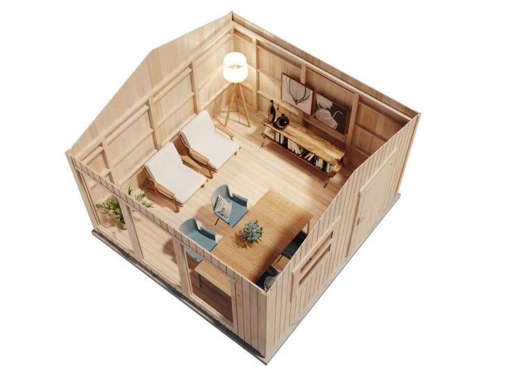 Innenansicht eines hellen Gartenhauses aus Holz mit Sitzgruppe, Esstisch, Sideboard und Stehlampe in organisierter Atmosphäre.