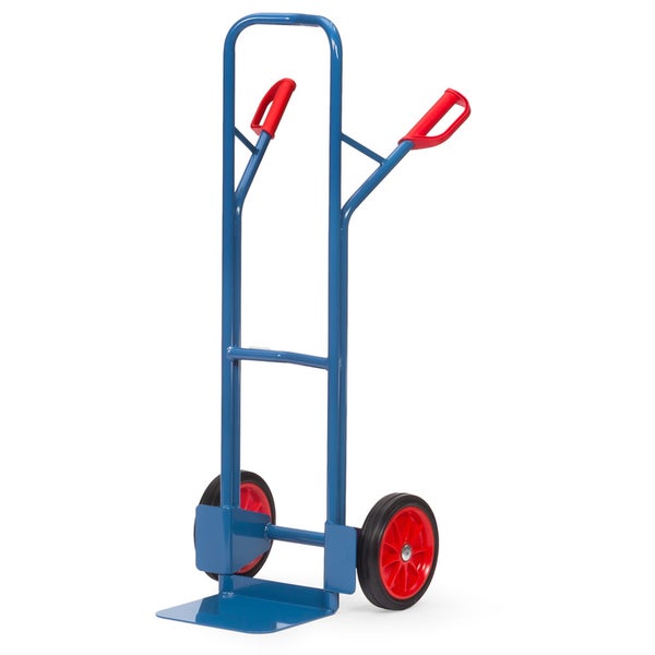 Blaue Sackkarre aus Stahl mit roten Handgriffen und zwei Rädern.