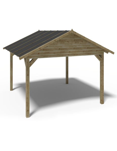 Freistehendes Holzcarport mit Walmdach aus imprägniertem Nadelholz.
