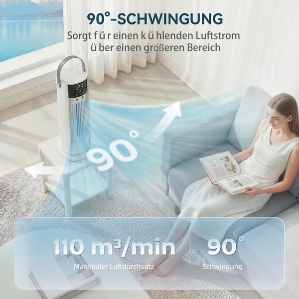 Weißer Turmventilator mit 90 Grad Schwingung und einem maximalen Luftdurchsatz von 110 Kubikmeter pro Minute in einem hellen Wohnzimmer.