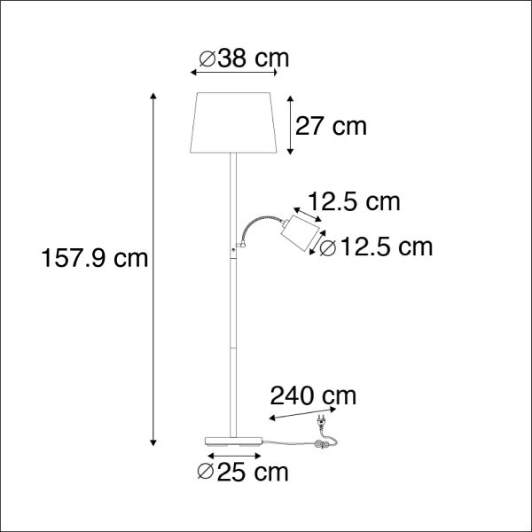 Maße einer Stehlampe: Höhe 157,9 cm, Lampenschirmdurchmesser 38 cm, Lampenschirmhöhe 27 cm, Spotdurchmesser 12,5 cm, Kabellänge 240 cm, Sockeldurchmesser 25 cm