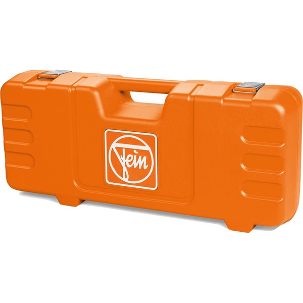 Orangefarbener Werkzeugkoffer aus Kunststoff mit Tragegriff, Metallverschlüssen und FEIN Logo.
