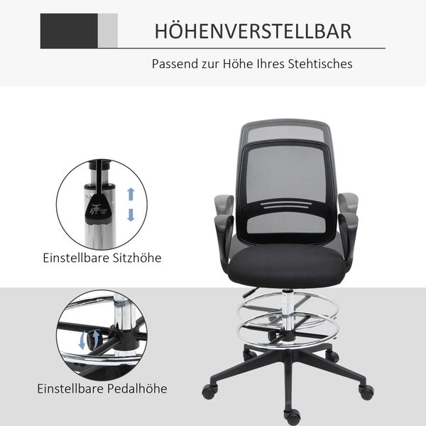 Vinsetto, Arbeitsstuhl, Ergonomischer Drehstuh, L59,5 x T60 x H102,5–126 cm, Netzgewebe, Schwarz