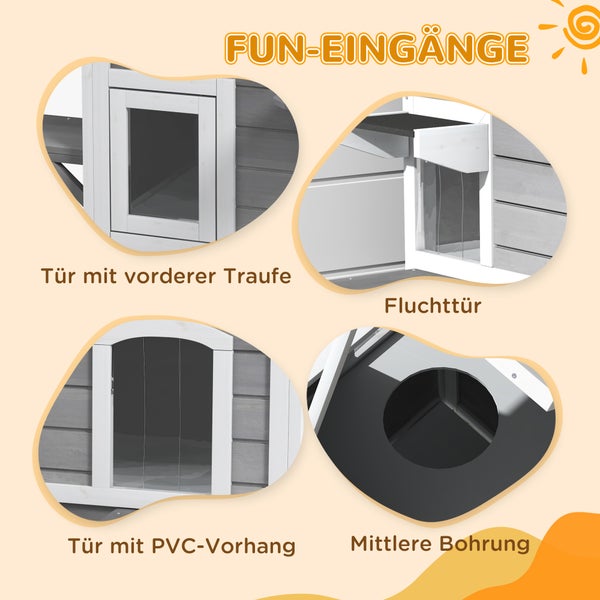 Übersicht der verschiedenen Zugänge eines Haustierhauses: Tür mit Vordach, Fluchttür, Tür mit PVC Vorhang und mittlere Bohrung.