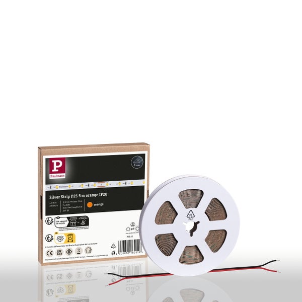 Set mit LED Streifen, Netzteil, RGBW Controller und Fernbedienung inklusive technischer Zeichnung der Maße und fünf Jahre Garantie.