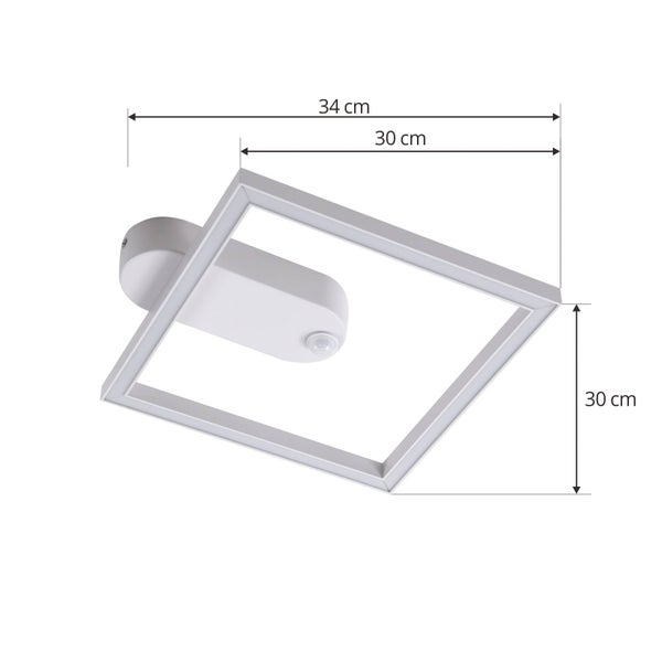 Weiße quadratische LED-Deckenleuchte mit Bewegungssensor, Rahmen 30 mal 30 Zentimeter, Gesamtbreite 34 Zentimeter.