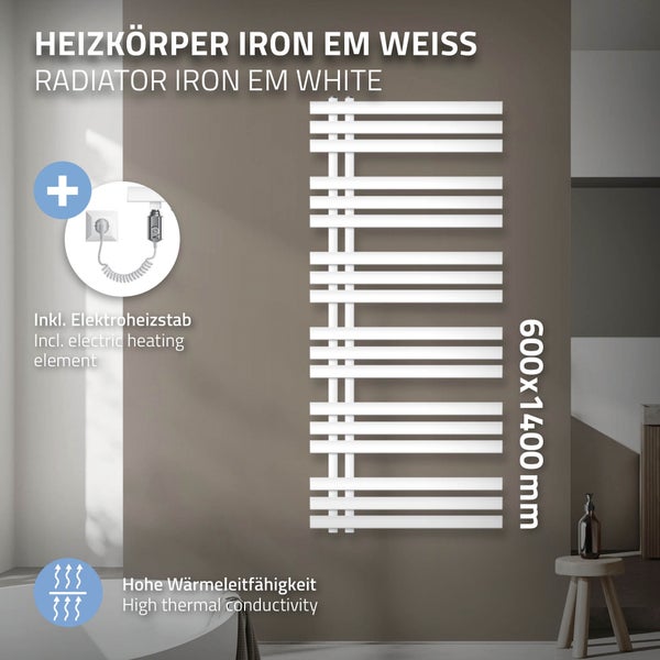 ECD Germany Iron EM Design Badheizkörper Elektrisch mit Heizstab 1200 W - 600 x 1400 mm - Weiß - Designheizkörper Paneelheizkörper Heizkörper Handtuchwärmer Handtuchtrockner