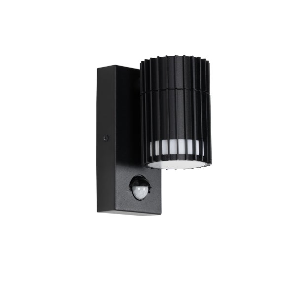 Schwarze Außenwandleuchte mit Bewegungsmelder, zylindrischer Lampenkopf mit gerippter Oberflächenstruktur.