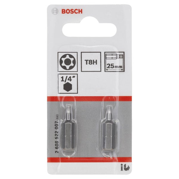 Bosch Logo. Packung mit zwei T8H-Bits, 25 mm Länge, 1/4-Zoll-Schaft.