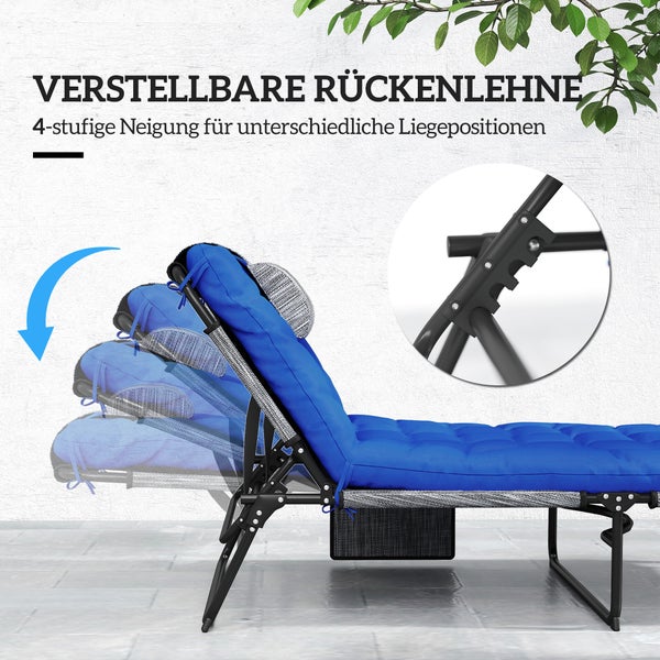 Outsunny Sonnenliege klappbar Gartenliege mit Kopfkissen, Liegestuhl mit 4-Fach verstellbare Rückenlehne, wetterfeste Campingliege, Gartenstuhl bis 120 kg belastbar, für Garten Outdoor Pool, Blau