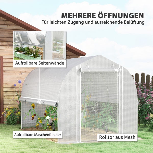 Outsunny Gewächshaus 3 x 2 x 2 m Foliengewächshaus mit 4 Fenster & Tür, Aufrollbar Seitenwänden, UV-beständiger Folientunnel Tomatenhaus mit verzinkten Stahlrahmen, Weiß