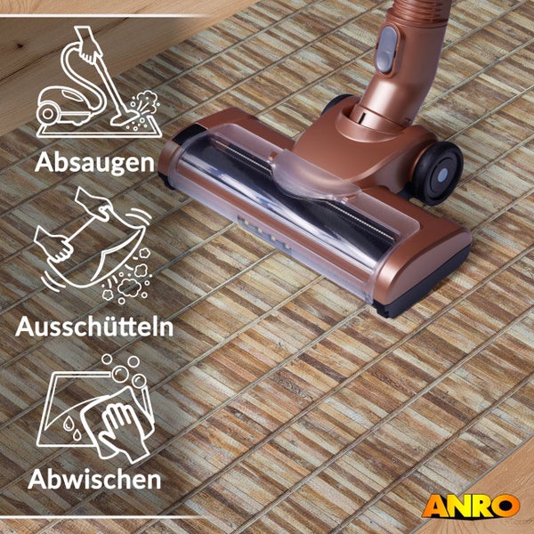 Staubsaugerdüse auf einer strukturierten Bodenmatte mit Symbolen für Absaugen, Ausschütteln und Abwischen. ANRO Logo.