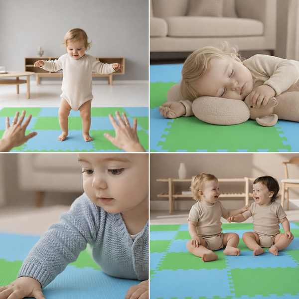 Babys auf einer bunten Puzzlematte aus Schaumstoff in verschiedenen Wohnraumsituationen beim Spielen und Schlafen.