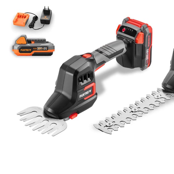 Fuxtec Akku-Gras- und Strauchschere Set inklusive Grasmesser, Strauchmesser, 20 Volt Akku und Ladegerät.