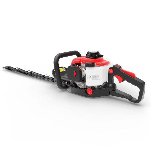 Benzin-Heckenschere mit rotem Gehäuse und langem Schneidmesser.