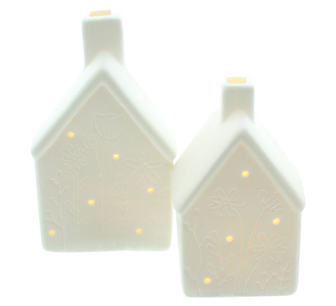 FRANK FLECHTWAREN | LED-Haus Blumenwiese, 2er Set, PORZELLAN, KUNSTSTOFF, 7,8 x 6,3 x 13 cm, 9,5 x 4 x 15,5 cm