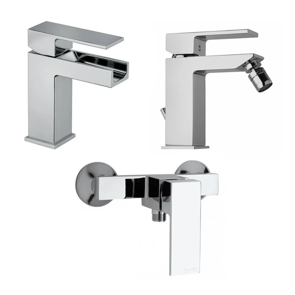 Set aus verchromten Badezimmerarmaturen: Waschtischmischer mit Schwallauslauf, Bidetarmatur und Duscharmatur in eckigem Design.