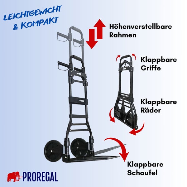 PROREGAL Klappbare Profi-Sackkarre ELEPHANT HxBxT 115x50x53cm Traglast 150kg Aluminiumrahmen, ergonomische Griffe, TRR Fachgummiräder Schwarz