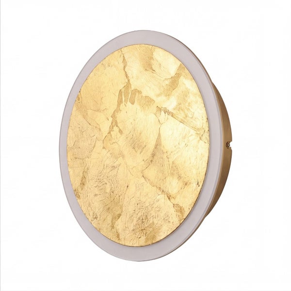 Runde Wandleuchte mit goldfarbenem Zentrum in Blattgoldoptik und weißem Ring.