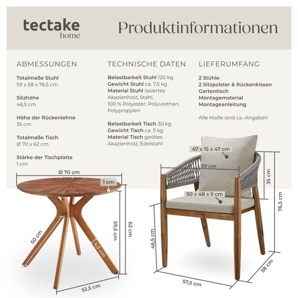 tectake home Logo. Infografik mit Maßen in Zentimeter und technischen Details für ein Gartenmöbel-Set aus Akazienholz mit Tisch und Stühlen.